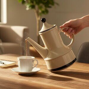 Vintage Coffee / Tea Pot “Strawberries” Pattern Mid-Century Modern Brown & Black